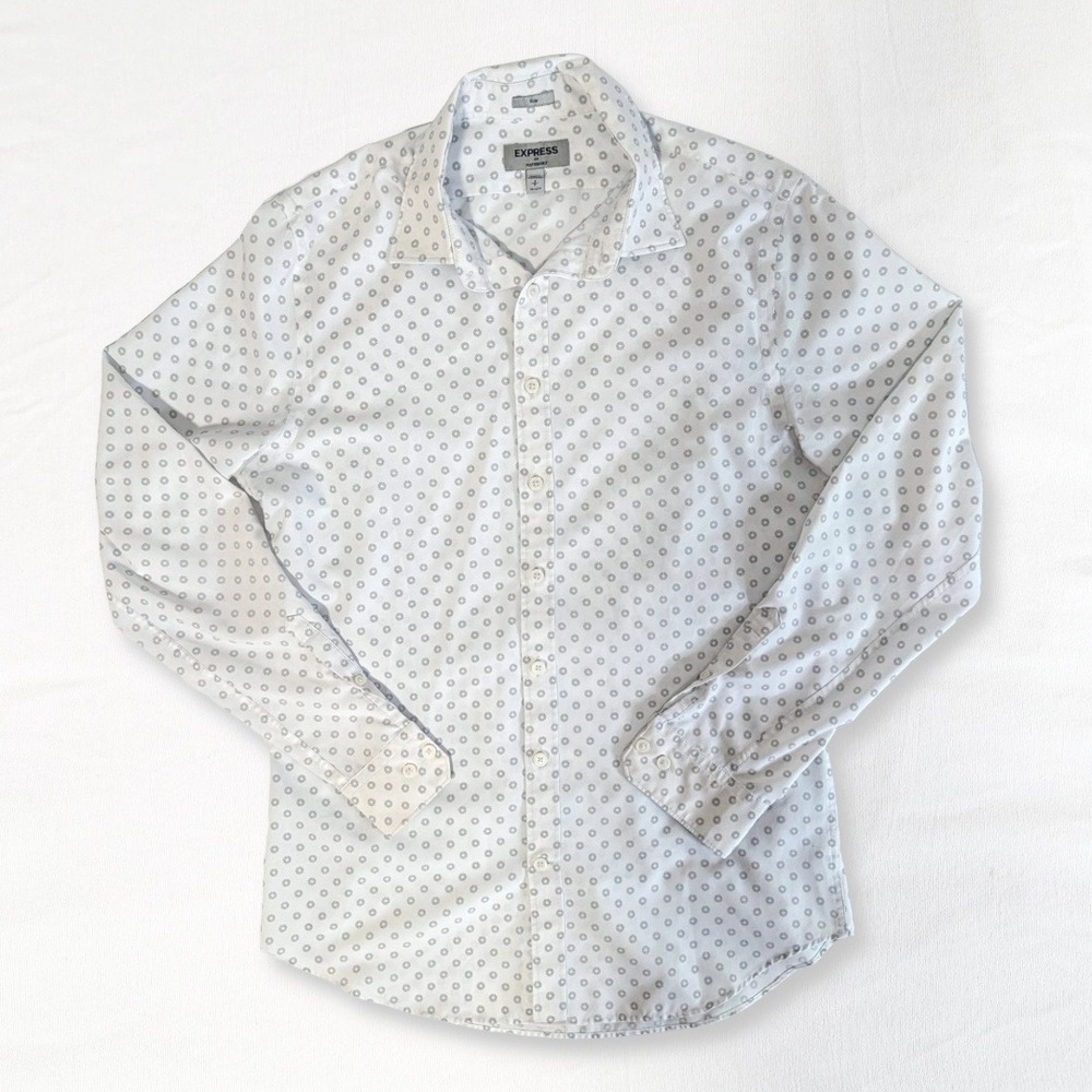 Express Slim White Grey Geometric Pattern Long Sleeve Button Up Shirt S